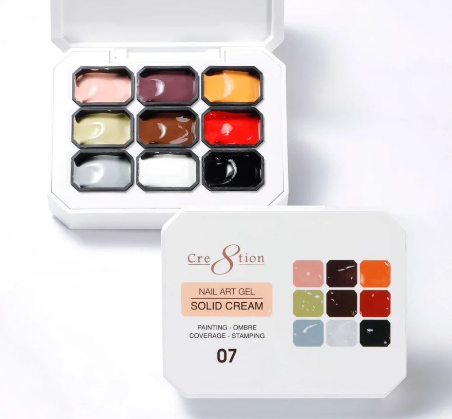 Set of nail art gel solid cream colors in a white box with Cre8tion branding.