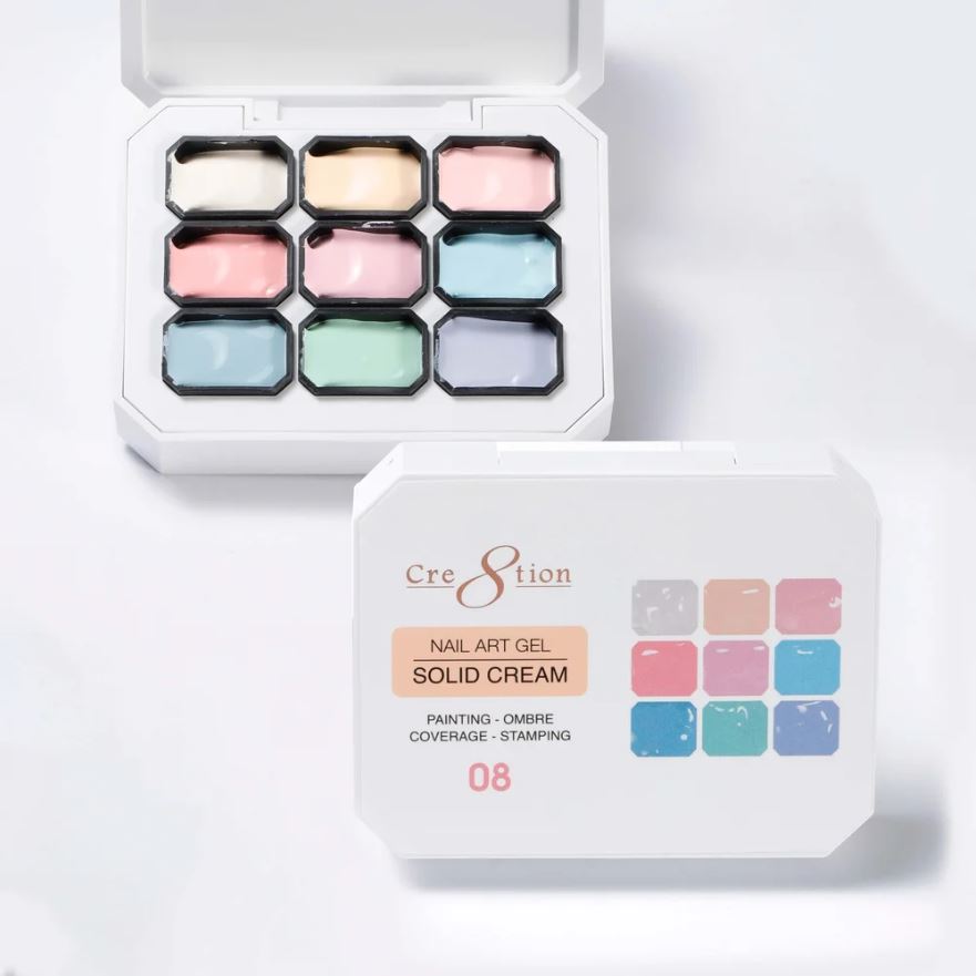 Nail art gel solid cream set with pastel colors in a white case on a light gray background