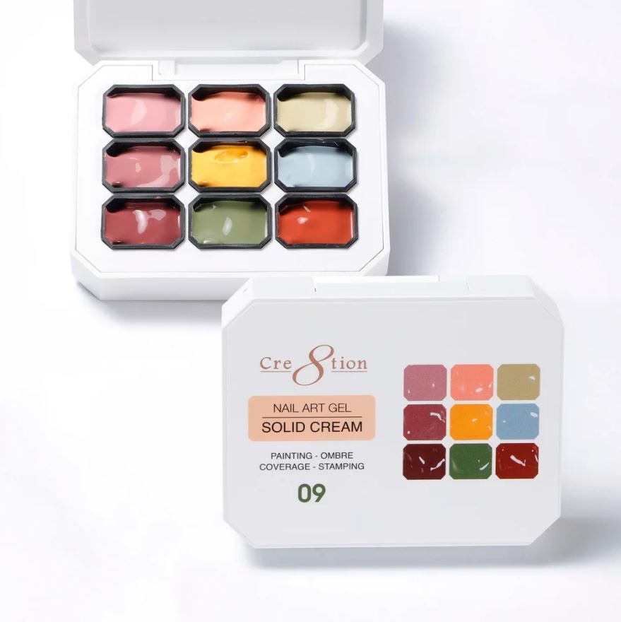 Set of nail art gel solid cream with a white box on a light gray background