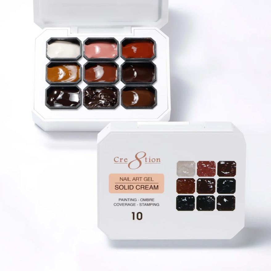 Nail art gel set with various colors in a white box labeled 'Cre8tion'.