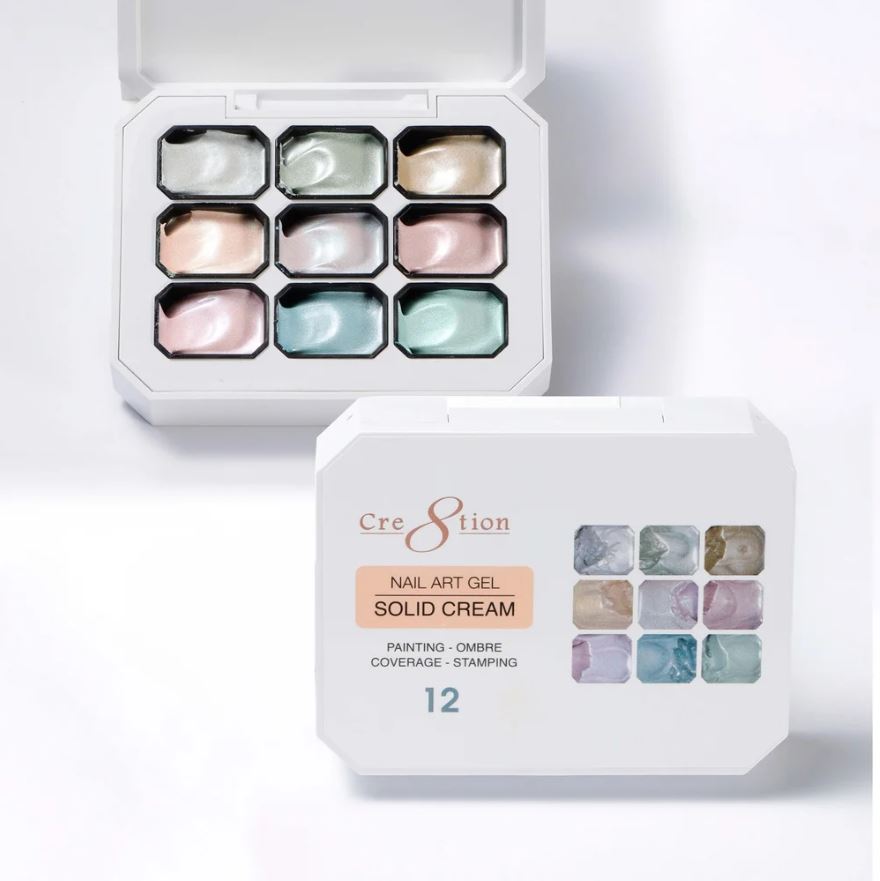 Set of nail art gel solid cream in a white case with visible brand name.