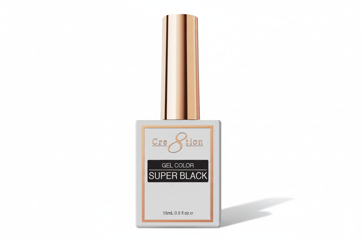 Gel color bottle labeled 'Super Black' by Cre8tion on a white background
