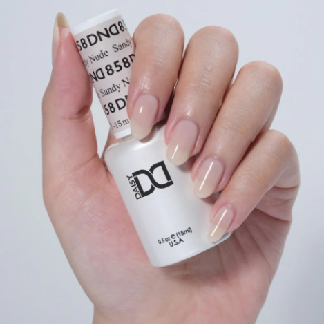 DND Sandy Nude #858 – Cloudy Beige Nude Sheer Gel Polish for Clean Girl Nails