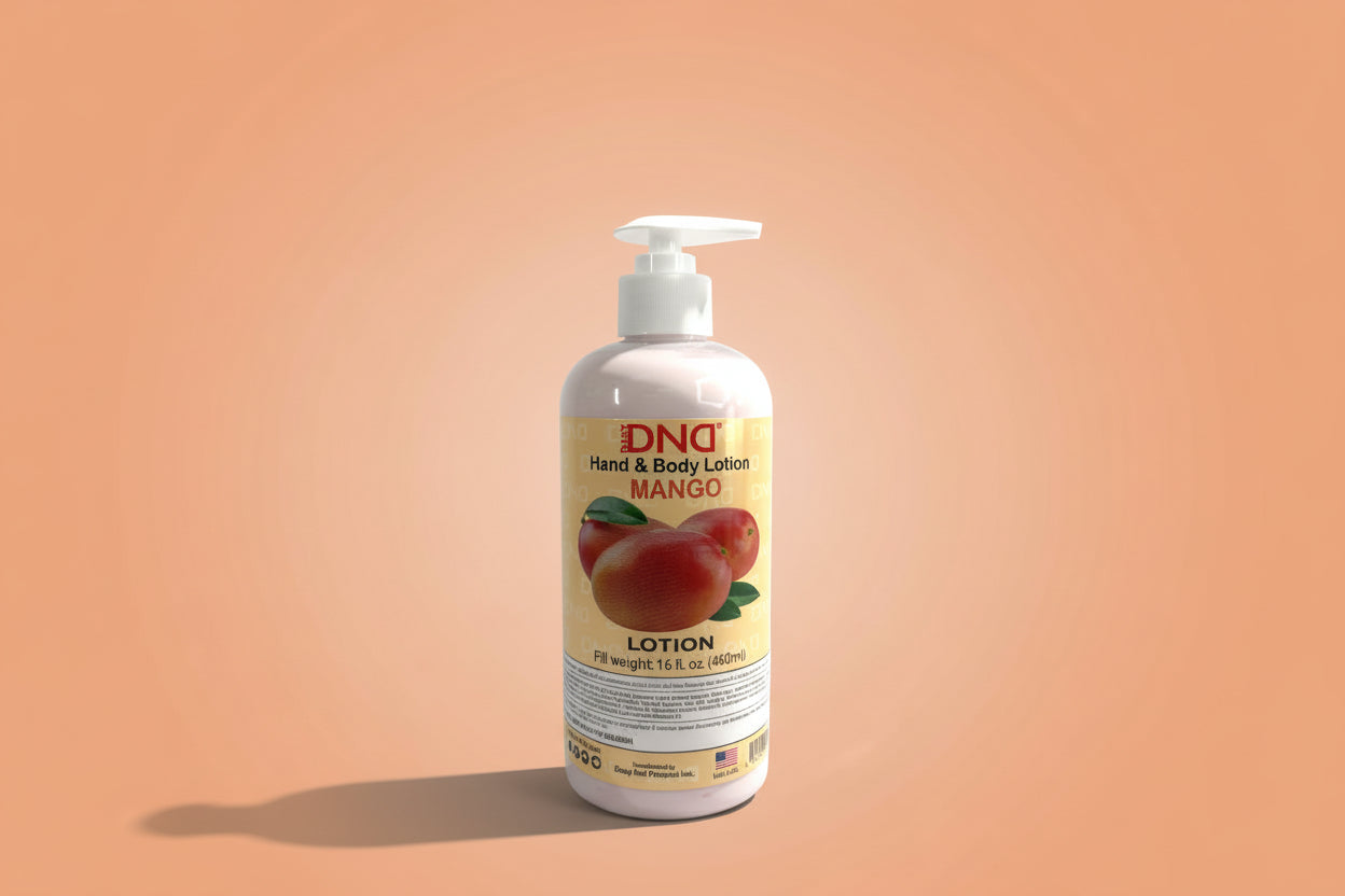 Hand and body lotion bottle with mango flavor on a white background