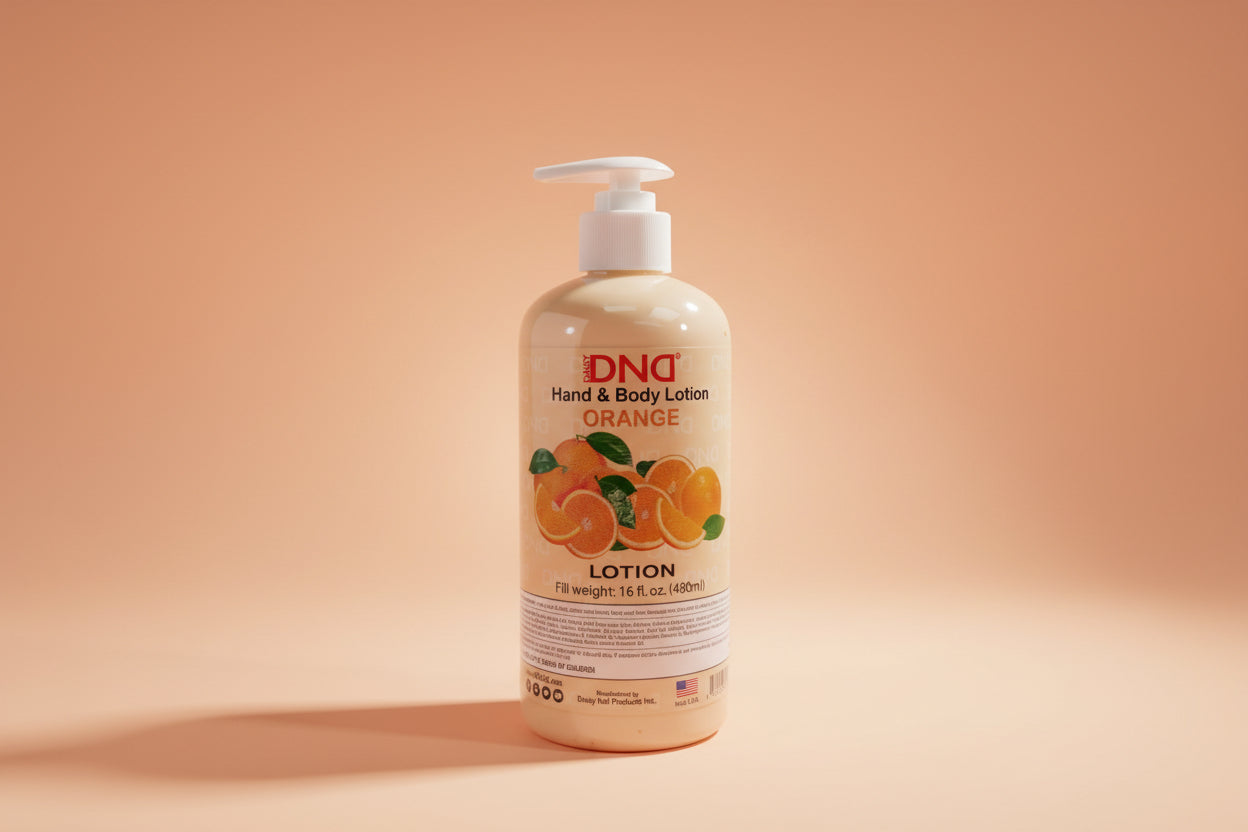 Hand and body lotion bottle with orange design on a white background