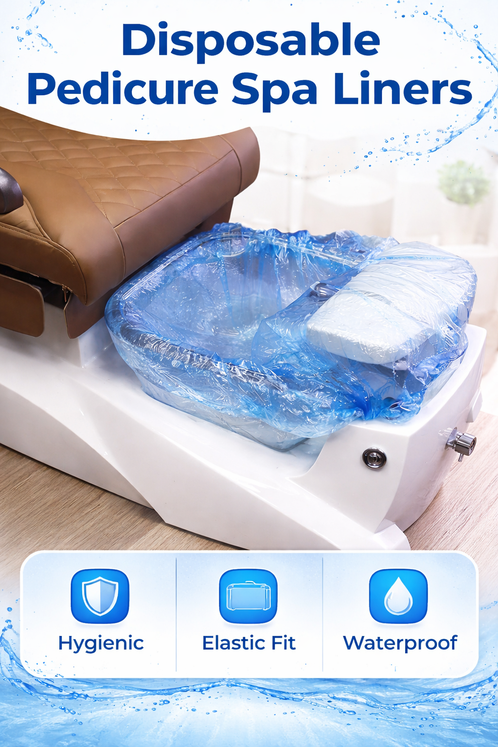 Disposable pedicure spa liners with a foot bath and chair in the background, highlighting features like hygiene, elasticity, and waterproofness.