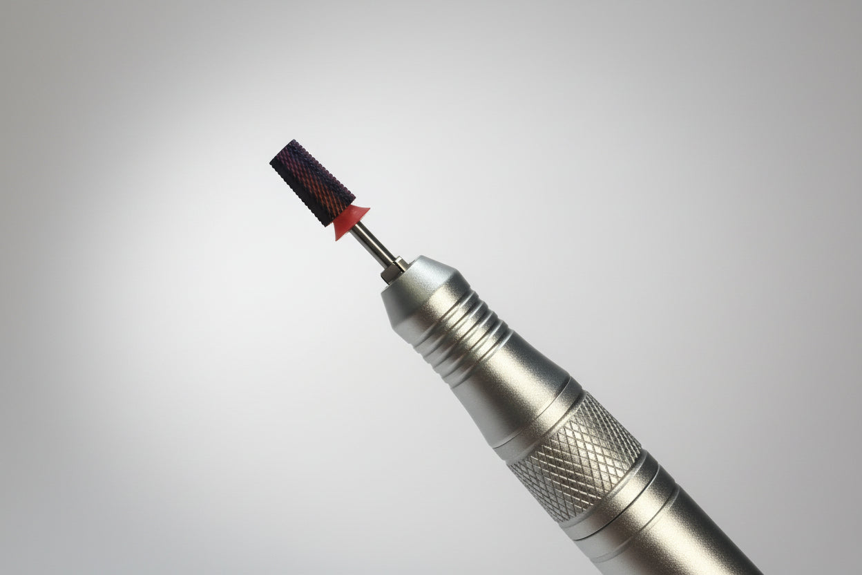 Metal tool with a red and black component on a gray background