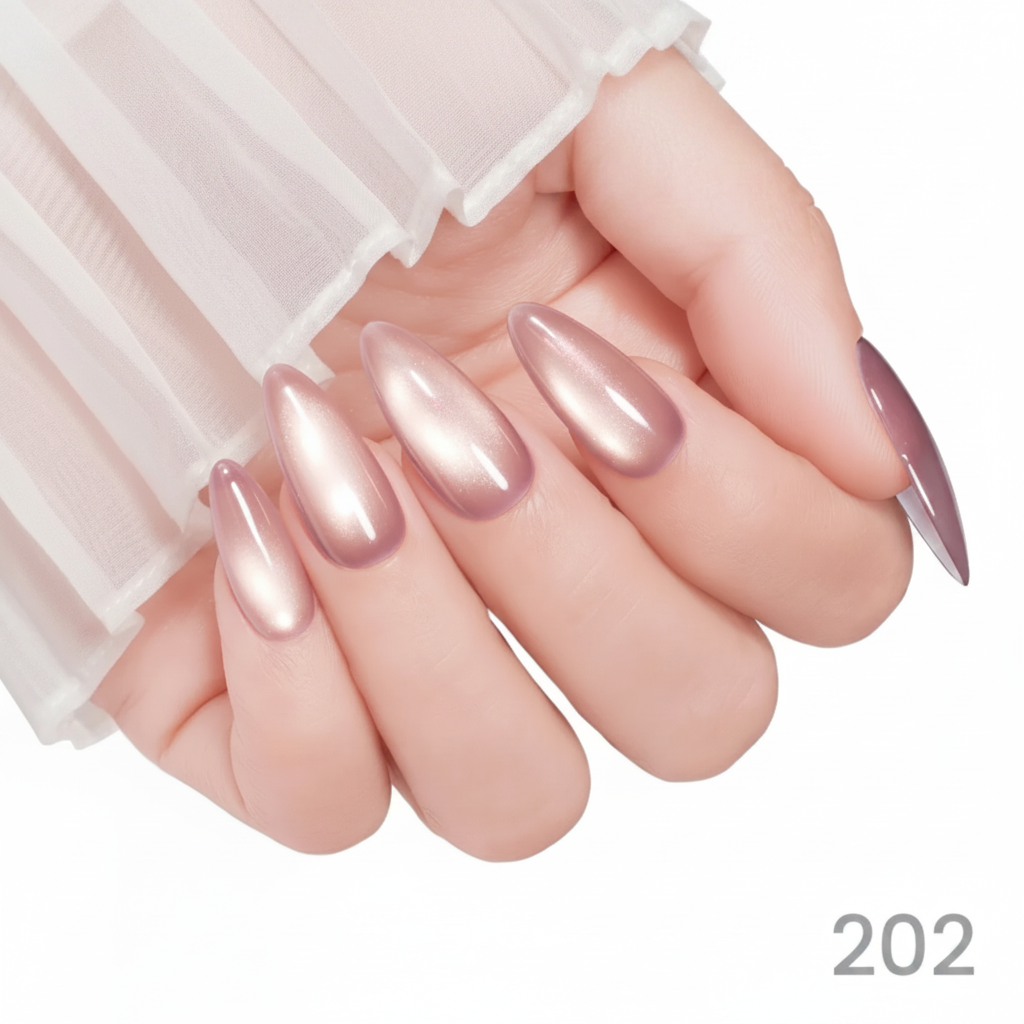 Close-up of a hand with pink metallic nail polish on a white background