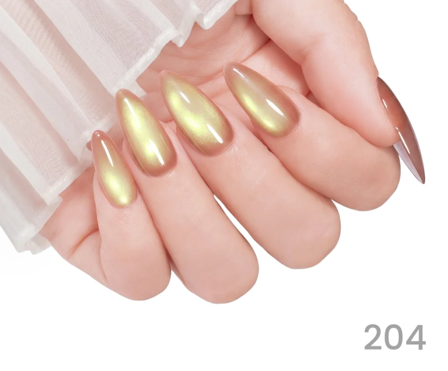 Close-up of a hand with gold-colored nails on a white background