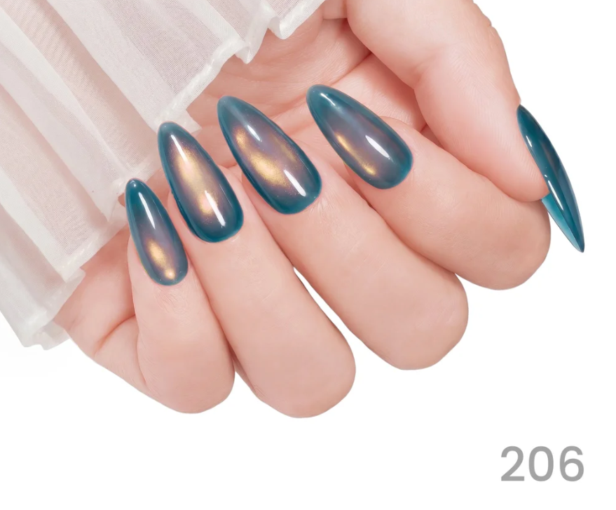 Hand with teal gradient nail polish on a white background