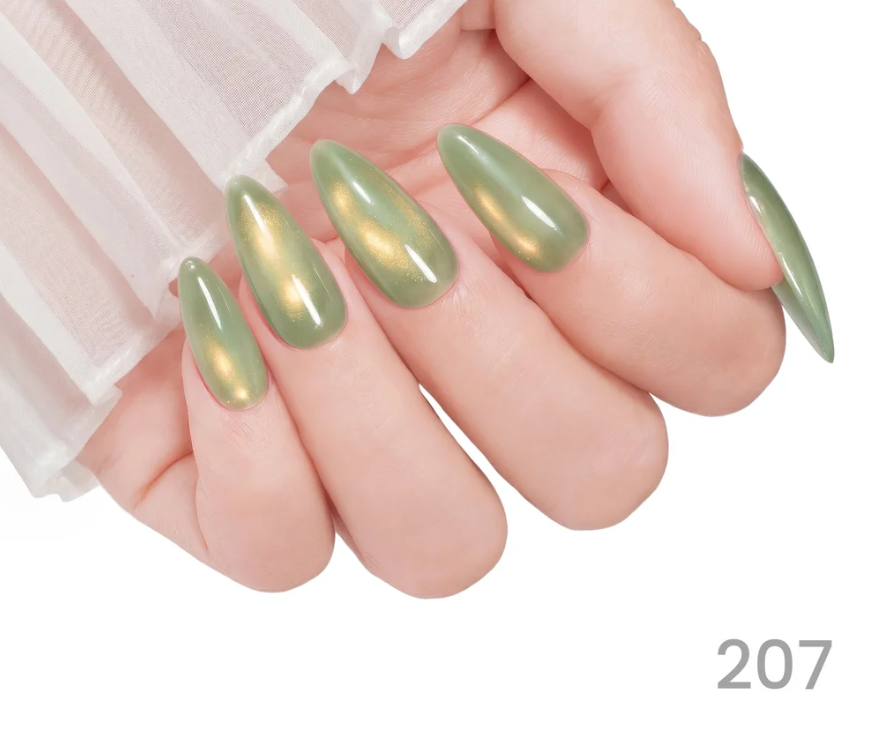 Hand with green nail polish on a white background