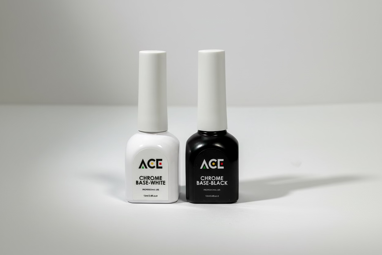 Two bottles of ACE Chrome Base Coat on a white background