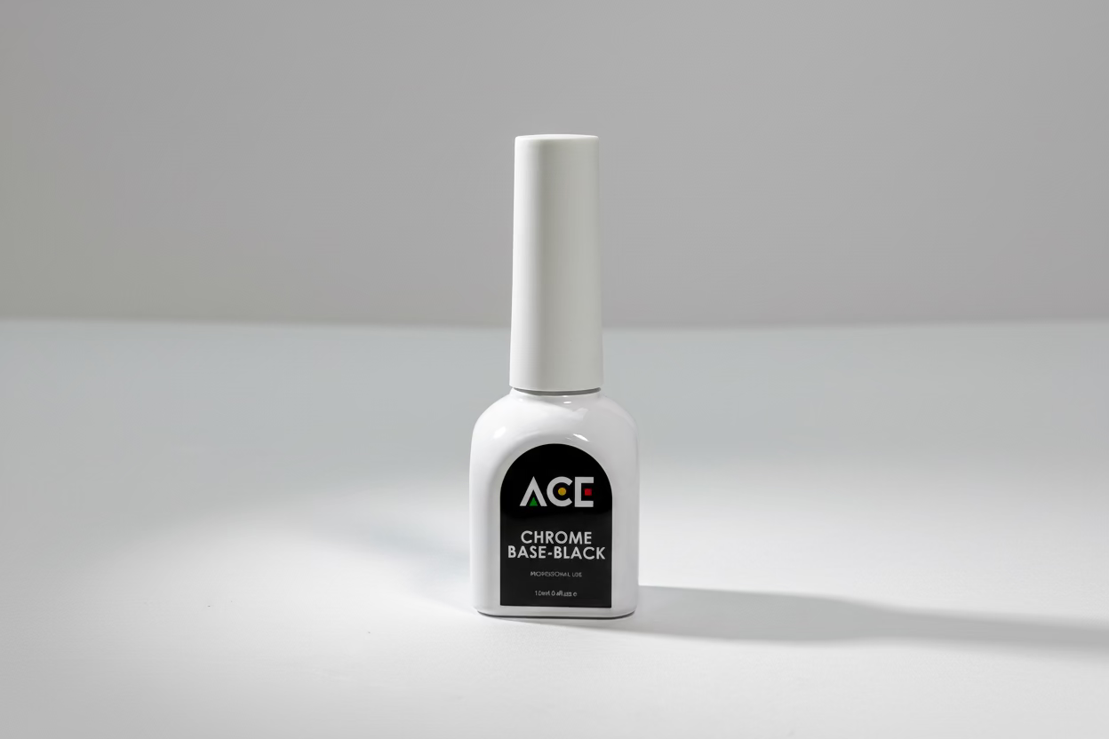 White nail polish bottle with black label on a white background