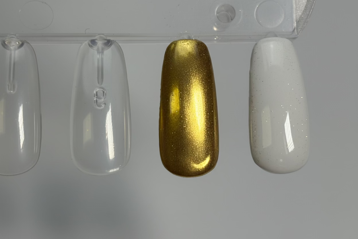 Three nail samples in clear, gold, and white on a gray background
