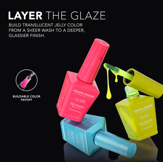 Three bottles of 'Chaun Legend' gel polish in pink, blue, and yellow on a black background with text about gel polish application.