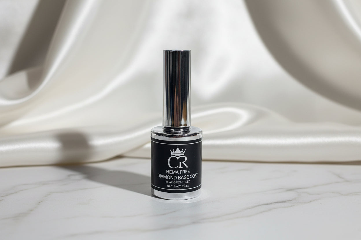 Bottle of diamond base coat with a black label on a white background