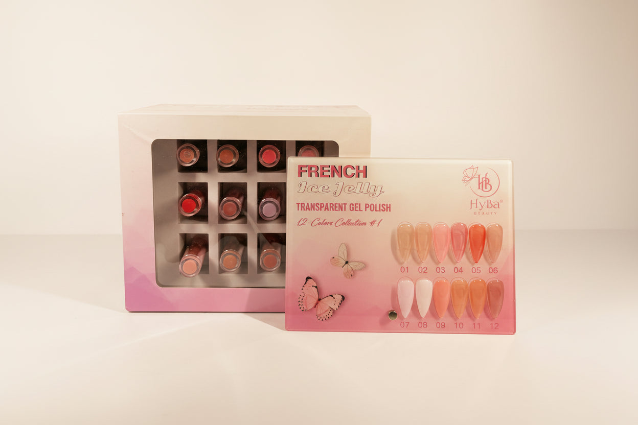 Set of nail polish bottles in a decorative box with butterfly designs on a white background