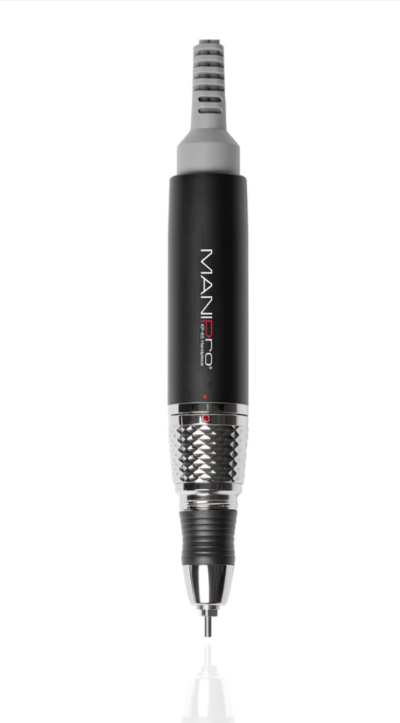 A MANFI ECO electric nail drill pen with a black body, silver metallic grip, and gray and silver tips, shown vertically on a white background.
