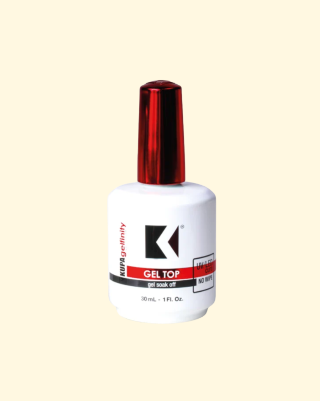 A bottle of KUPA Gel Top Gel Nail Polish Top Coat on a solid pale yellow background. The bottle is white with a metallic red cap and features the black and red K-Beauty logo.