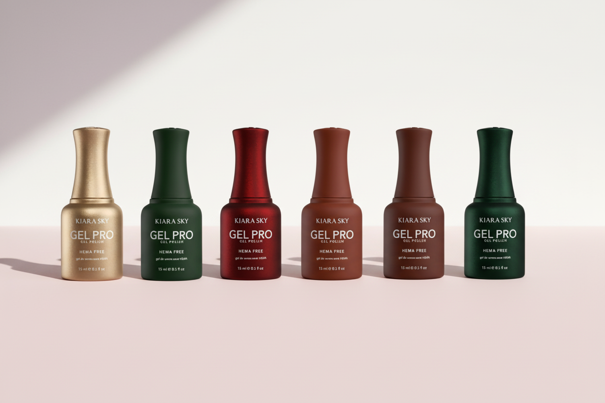 Set of six Kiara Sky Gel Pro nail polish bottles in various colors on a white background