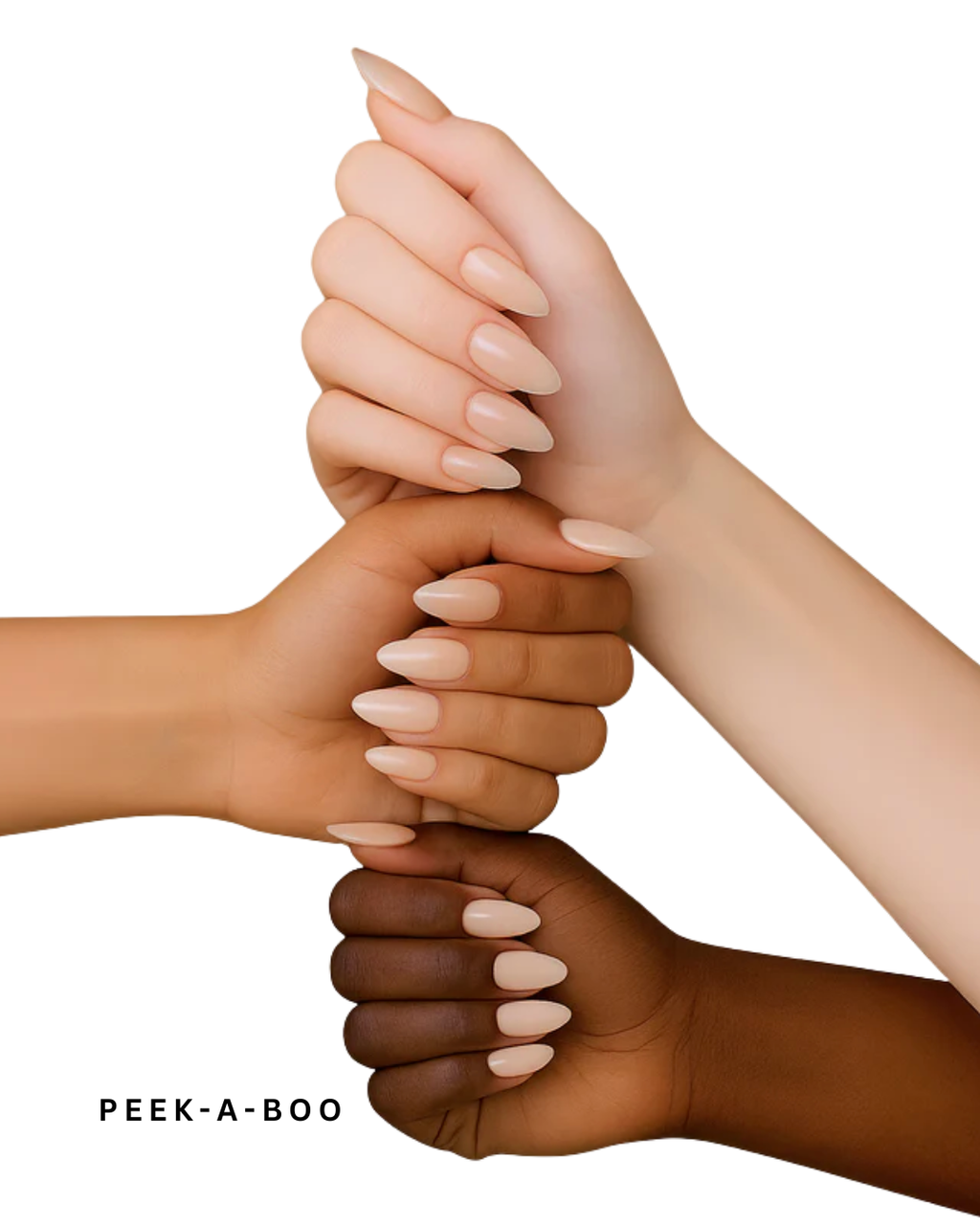 Four hands of different skin tones holding each other against a white background with 'PEEK-A-BOO' text.