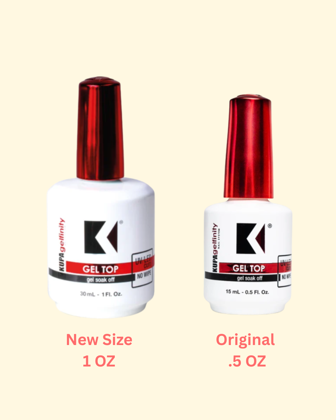Two bottles of KUPA Gel Top gel nail polish shown side by side on a pale beige background, labeled 'New Size 1 Oz' and 'Original .5 Fl.