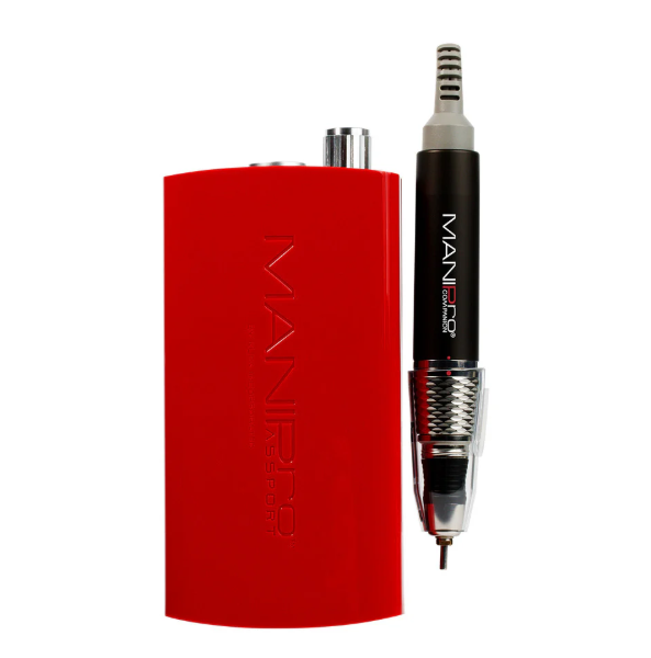 A red rectangular electronic device with embossed vertical branding next to a black and silver pen-style applicator tool, shown on a plain white background.