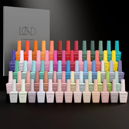 Row of colorful nail polish bottles with a gray box labeled 'LGND' on a black background