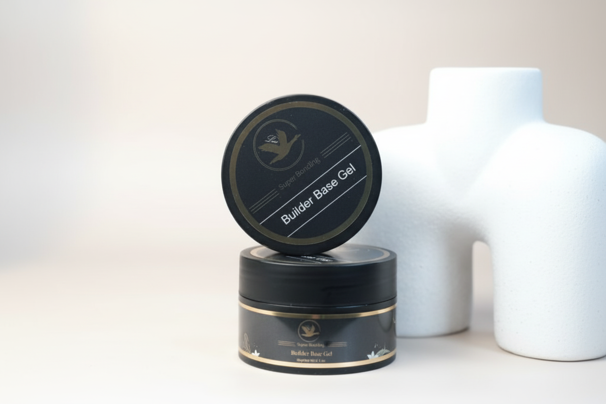 Black jar of builder base gel with a white background