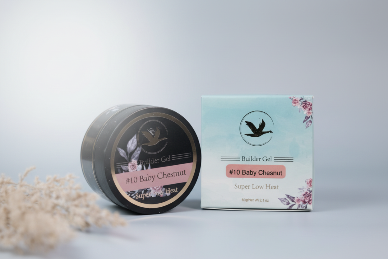 Black jar and light blue box labeled '#10 Baby Chestnut' on a gray background