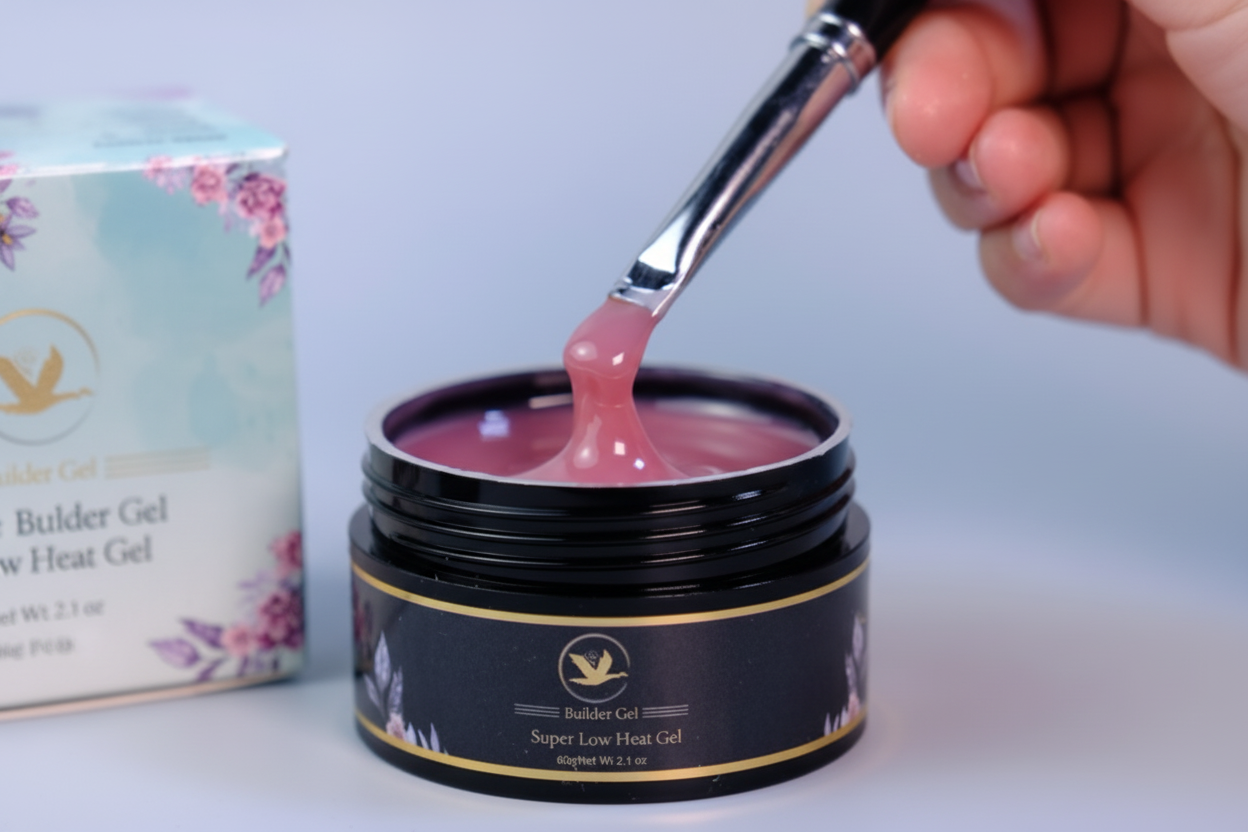 Hand holding a brush with pink gel over an open jar of gel, with a box in the background.