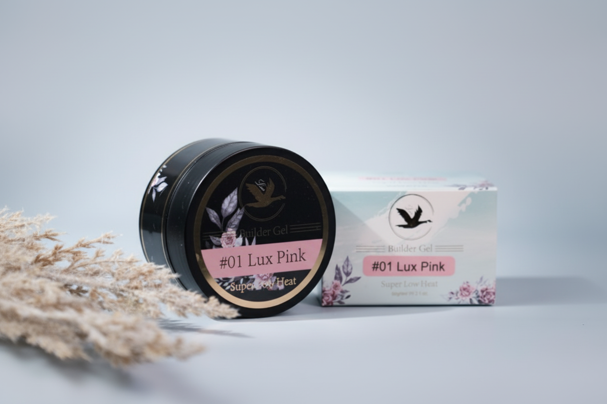 Black tin and packaging labeled '#01 Lux Pink' on a light gray background
