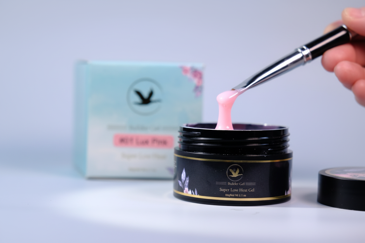 Pink gel being scooped from a black jar with a brush, against a light blue background.