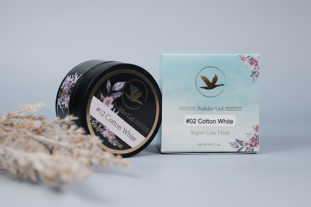 Wunder Gel #02 Cotton White builder gel container and packaging on a light gray background
