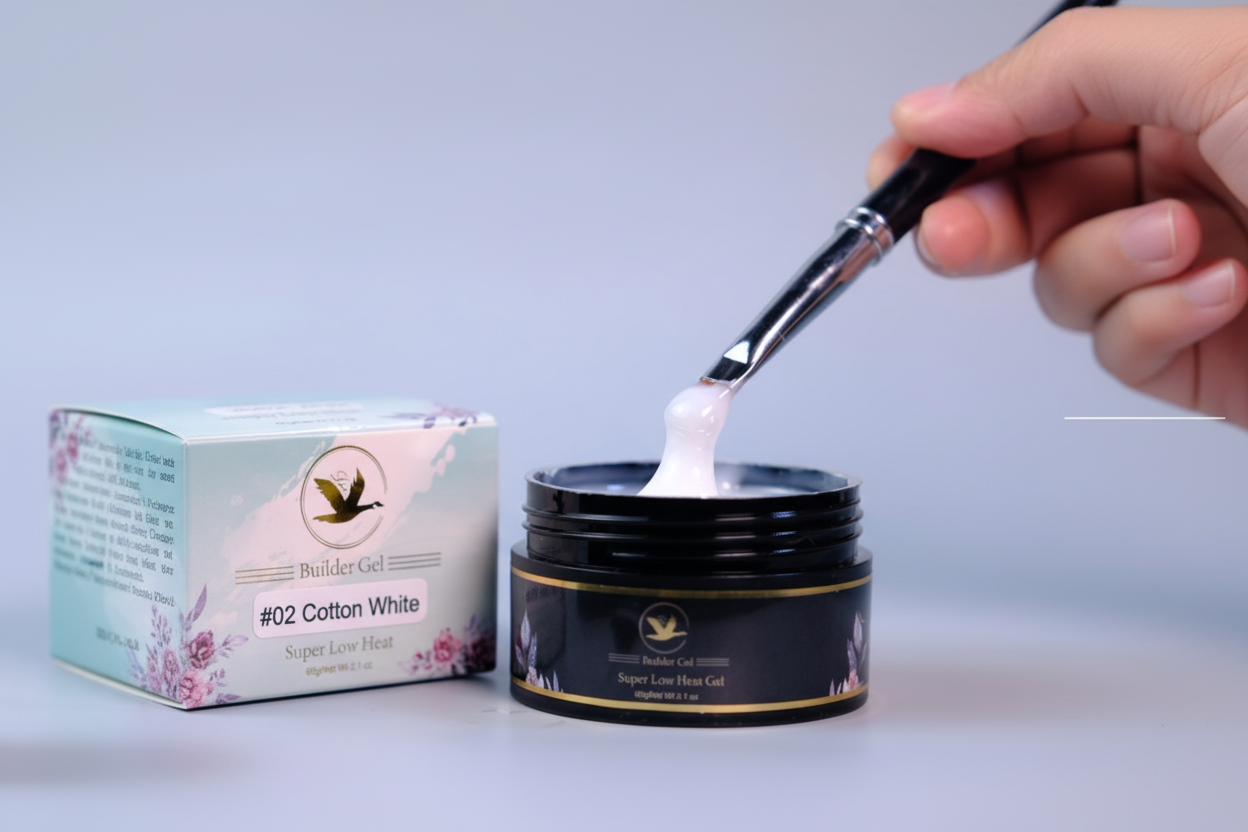 Hand holding a brush with white gel over a jar of Builder Gel #02 Cotton White on a light gray background.