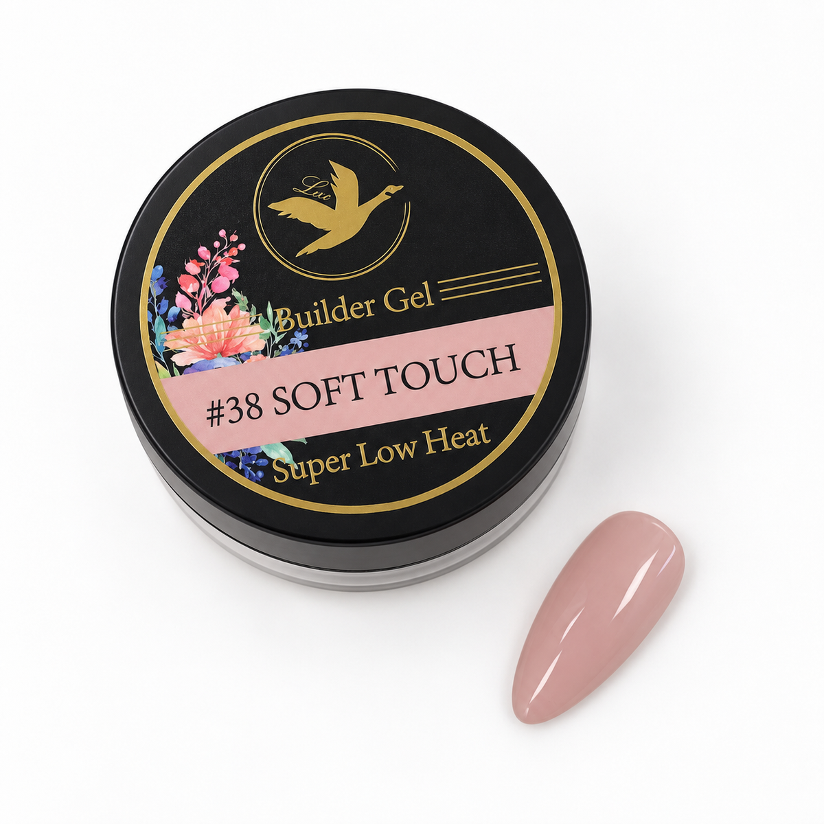 A round black tin of Builder Gel nail polish with a gold bird logo and floral accents, labeled '#38 SOFT TOUCH Super Low Heat', shown on a white background next to a glossy mauve-pink nail swatch.