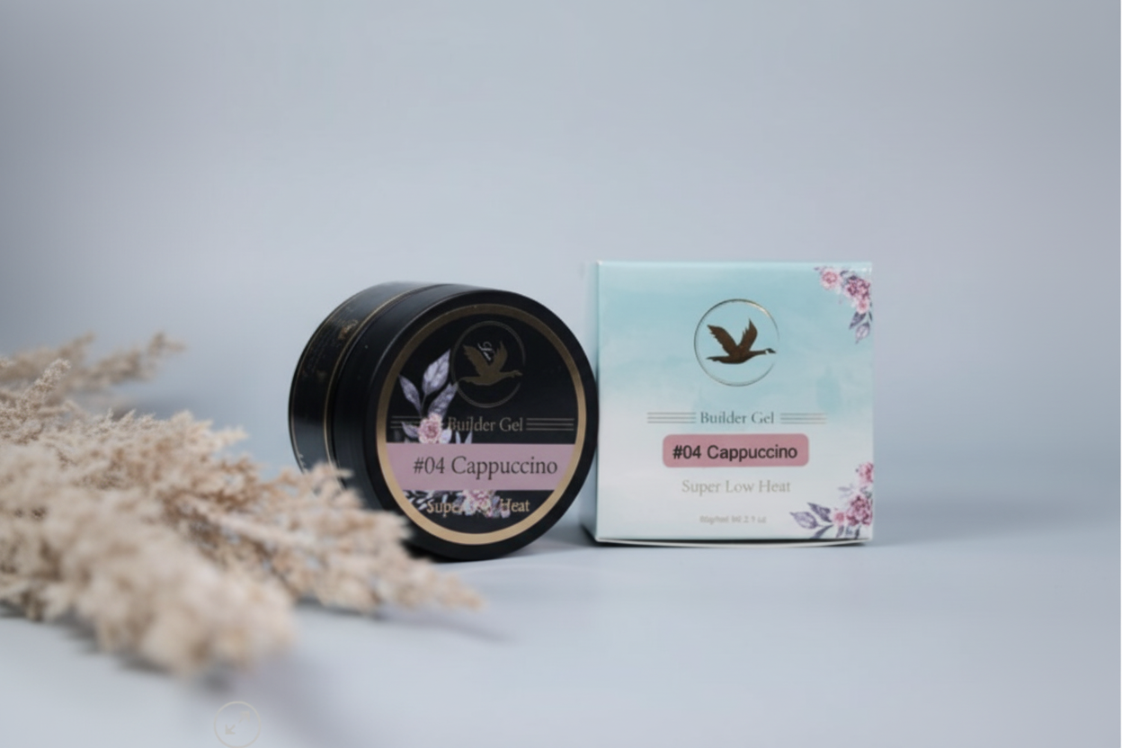 Black container and packaging of 'Builder Gel #04 Cappuccino' on a light gray background