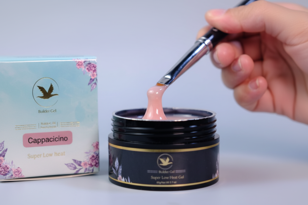 Hand using a brush to scoop pink gel from a jar with a box in the background