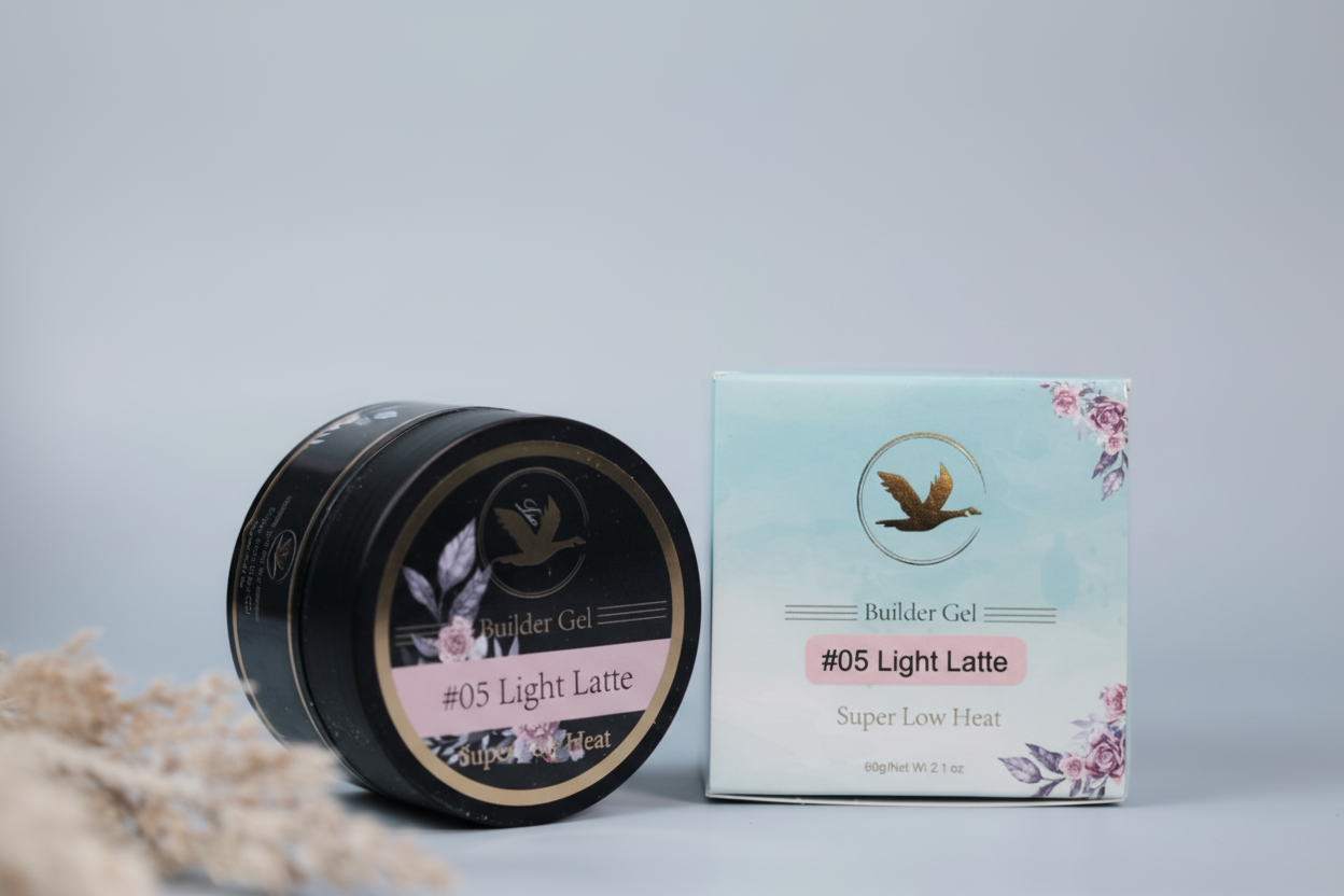 Jar and packaging of #05 Light Latte Builder Gel on a light gray background