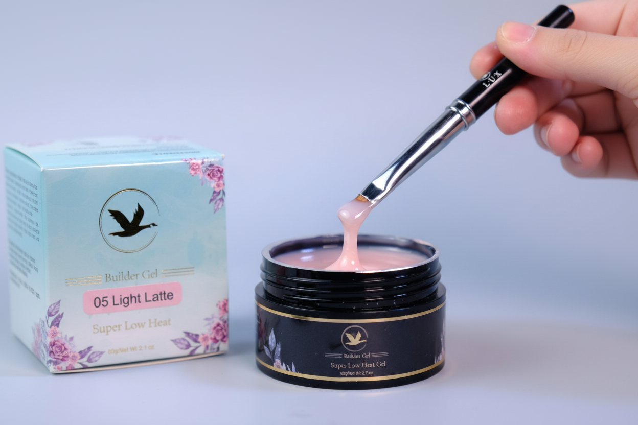 Pink gel being scooped from a jar with a brush, next to a box labeled 'Builder Gel'.