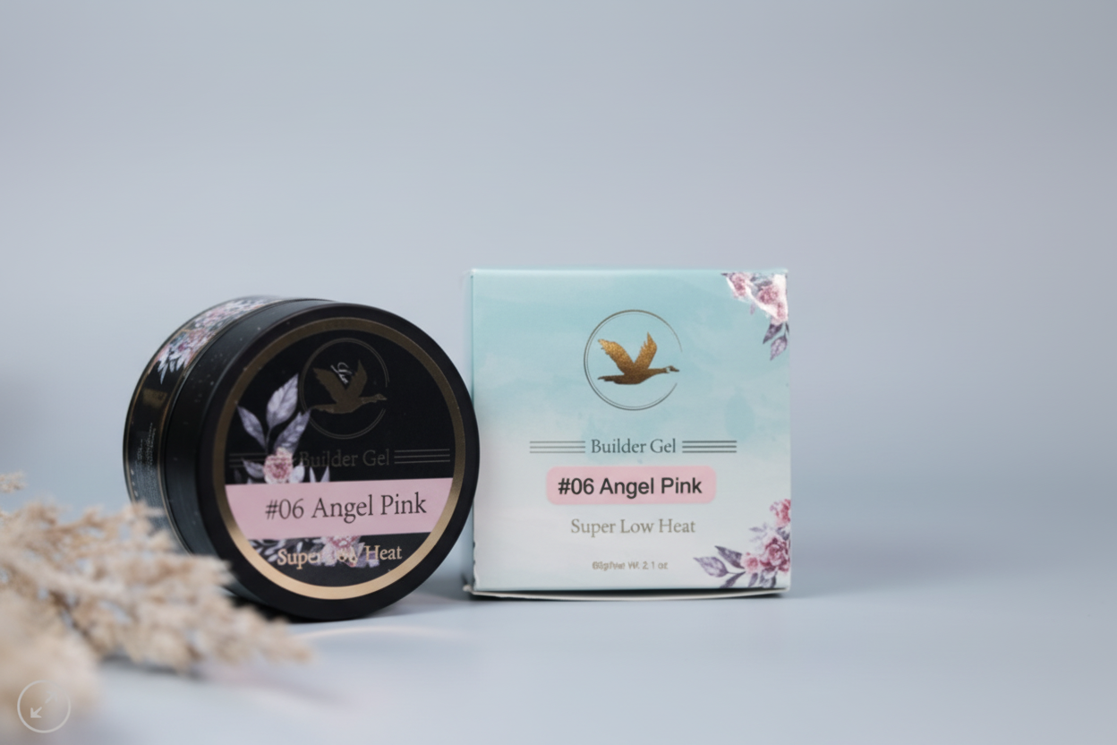 Black jar and light blue box labeled '#06 Angel Pink' on a gray background