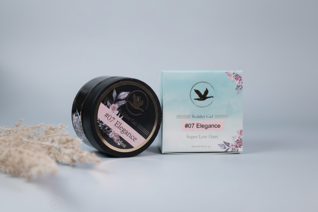 Jar and box of #07 Elegance Builder Gel on a light gray background