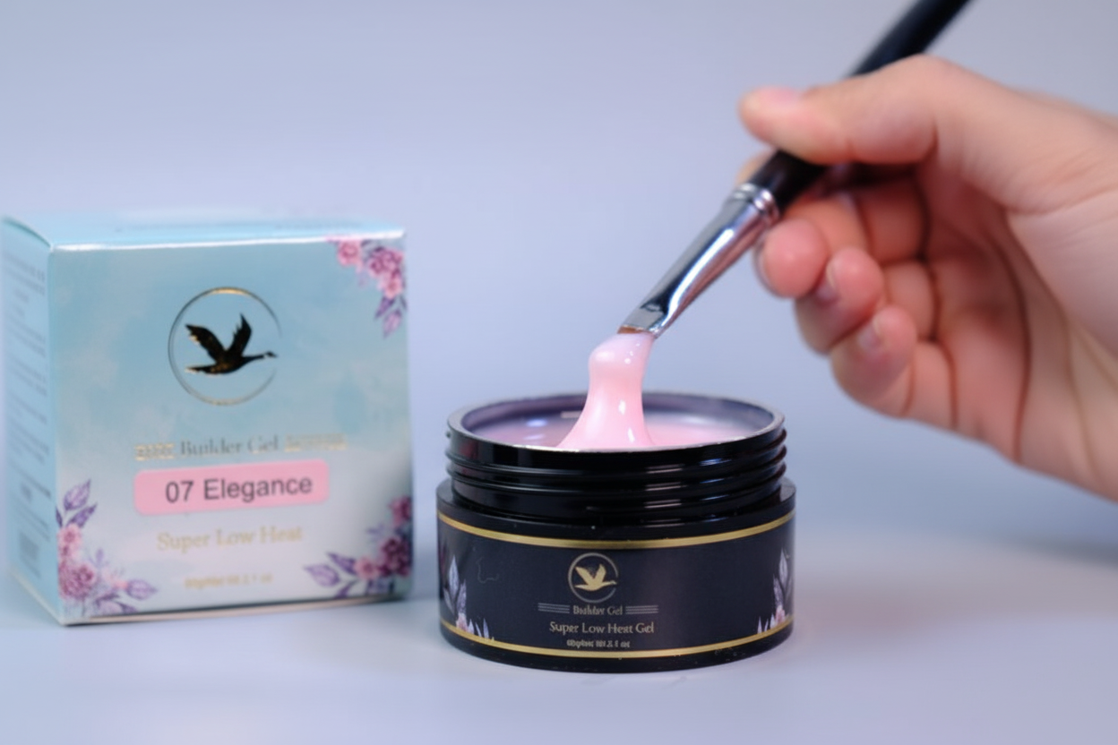 Pink gel being scooped from a jar with a brush, next to a box labeled '07 Elegance'.