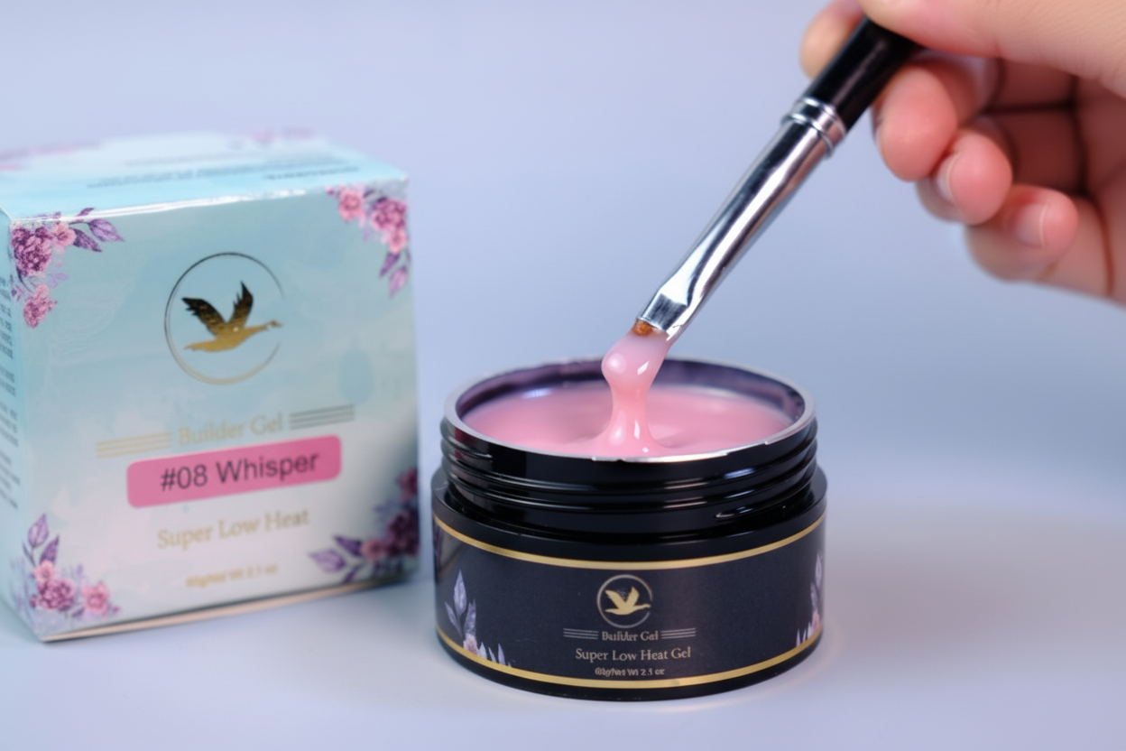 Pink gel being scooped from a jar with a brush, next to a box labeled '08 Whisper'.