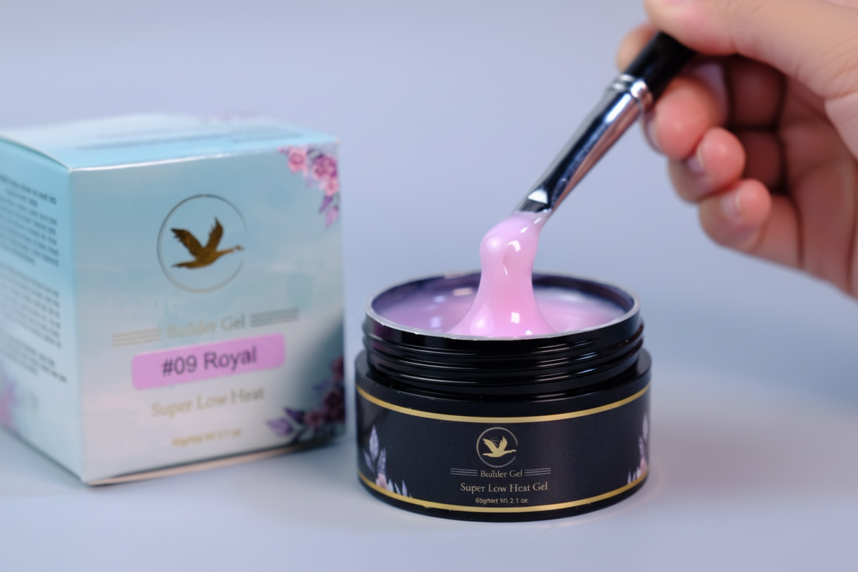 Pink gel being scooped from a jar with a brush, next to a box labeled '09 Royal'.