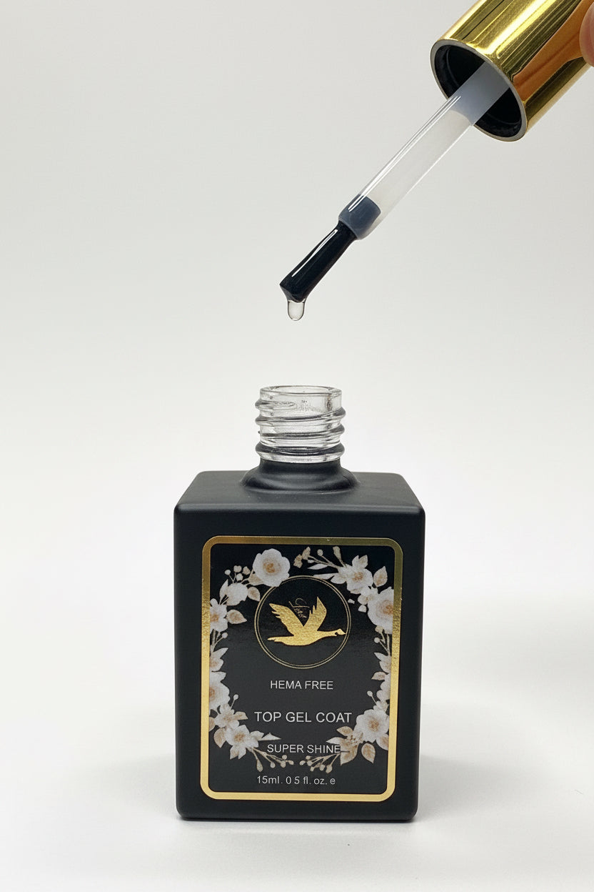 A black rectangular bottle of Hema Free Top Gel Coat with a gold and white label, shown with a clear dropper above the open bottle, on a light gray background.