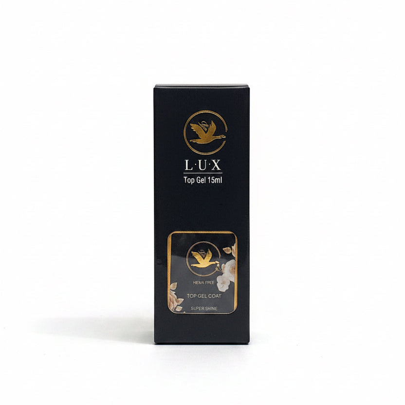 A tall, slim black rectangular box for LUX Top Gel, featuring gold branding and a small clear window near the bottom, set against a plain white background.