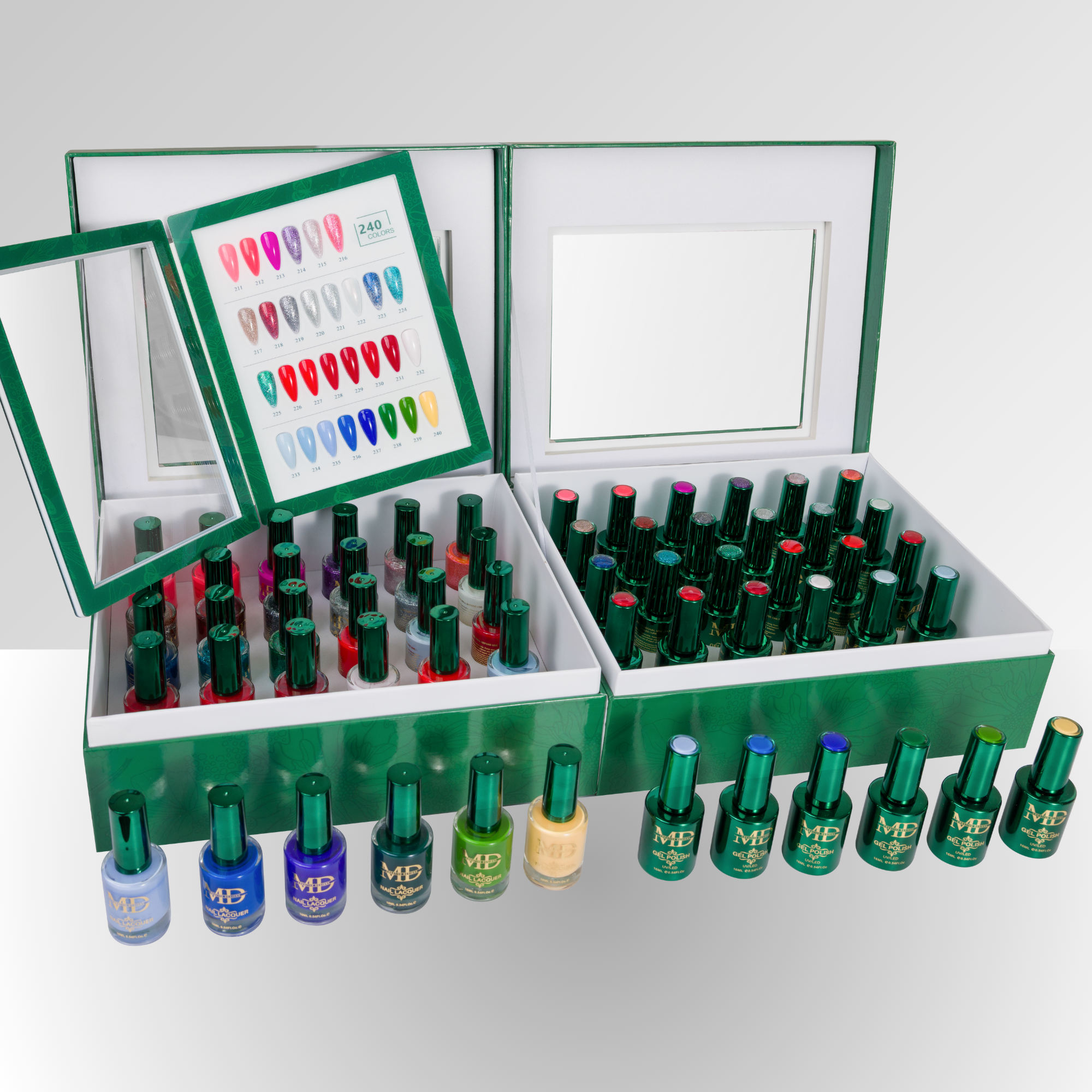 Set of nail polish bottles with a display case on a white background