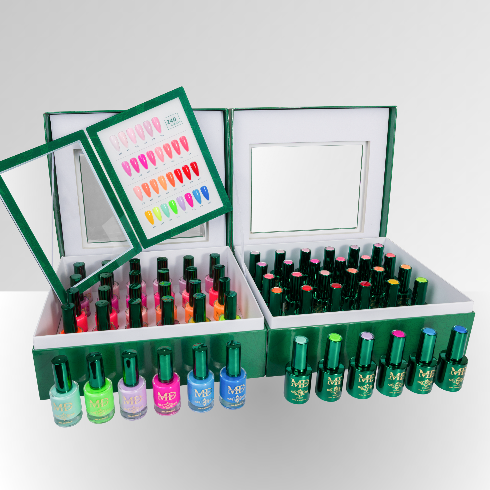 Set of nail polish bottles in a green display case with a mirror on a white background