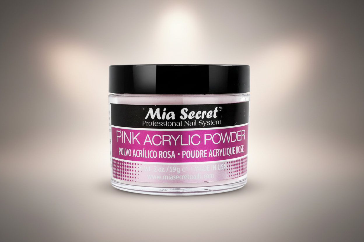 Jar of Mia Secret pink acrylic powder on a white background